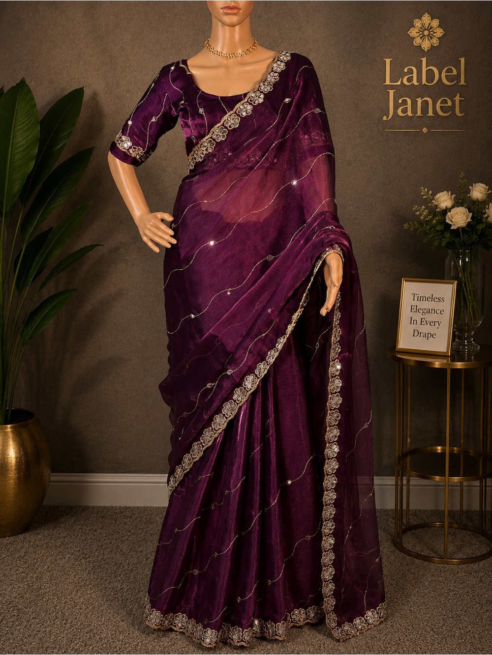 Embellished Purple Saree with Floral Border & blouse (Brand new)